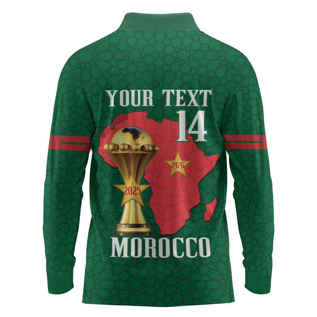 Morocco Football Custom Long Sleeve Polo Shirt Atlas Lions Champions African Green Islamic Pattern