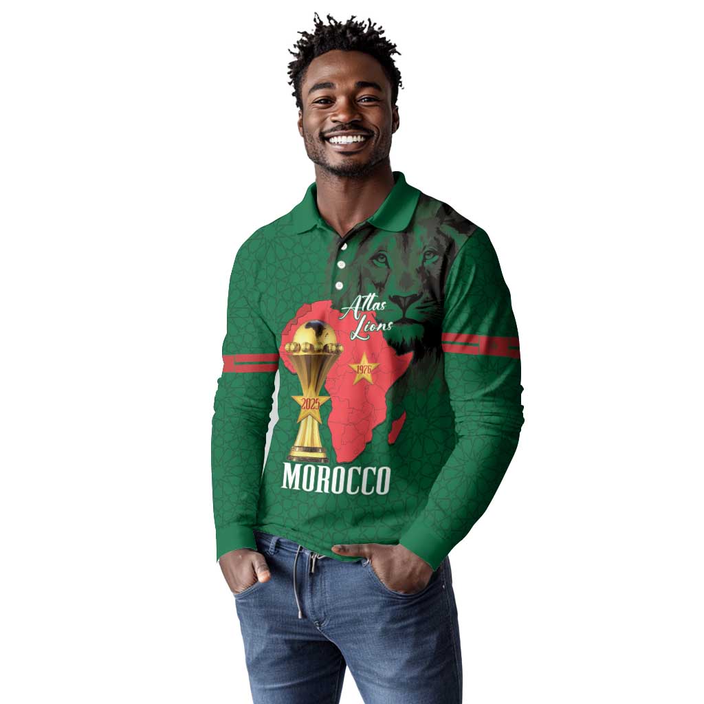 Morocco Football Custom Long Sleeve Polo Shirt Atlas Lions Champions African Green Islamic Pattern