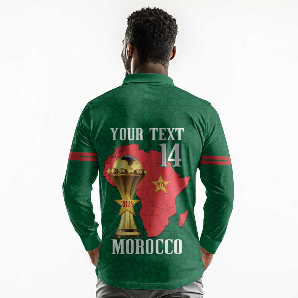 Morocco Football Custom Long Sleeve Polo Shirt Atlas Lions Champions African Green Islamic Pattern