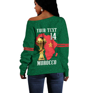 Morocco Football Custom Off Shoulder Sweater Atlas Lions Champions African Green Islamic Pattern