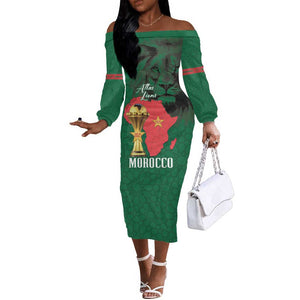 Morocco Football Custom Off The Shoulder Long Sleeve Dress Atlas Lions Champions African Green Islamic Pattern