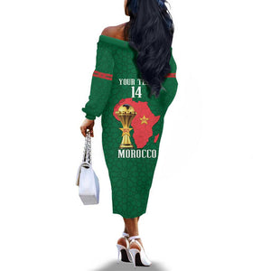 Morocco Football Custom Off The Shoulder Long Sleeve Dress Atlas Lions Champions African Green Islamic Pattern