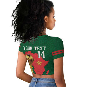 Morocco Football Custom Raglan Cropped T shirt Atlas Lions Champions African Green Islamic Pattern