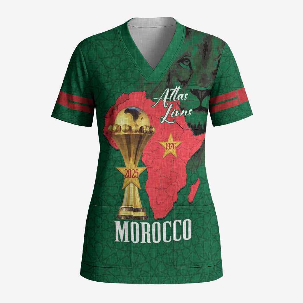 Morocco Football Custom Scrub Top Atlas Lions Champions African Green Islamic Pattern