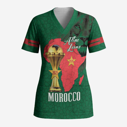 Morocco Football Custom Scrub Top Atlas Lions Champions African Green Islamic Pattern