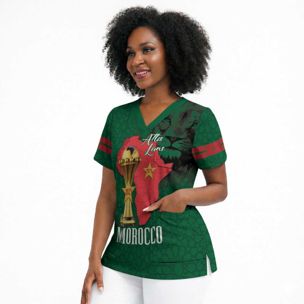 Morocco Football Custom Scrub Top Atlas Lions Champions African Green Islamic Pattern