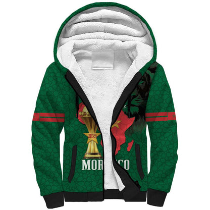Morocco Football Custom Sherpa Hoodie Atlas Lions Champions African Green Islamic Pattern