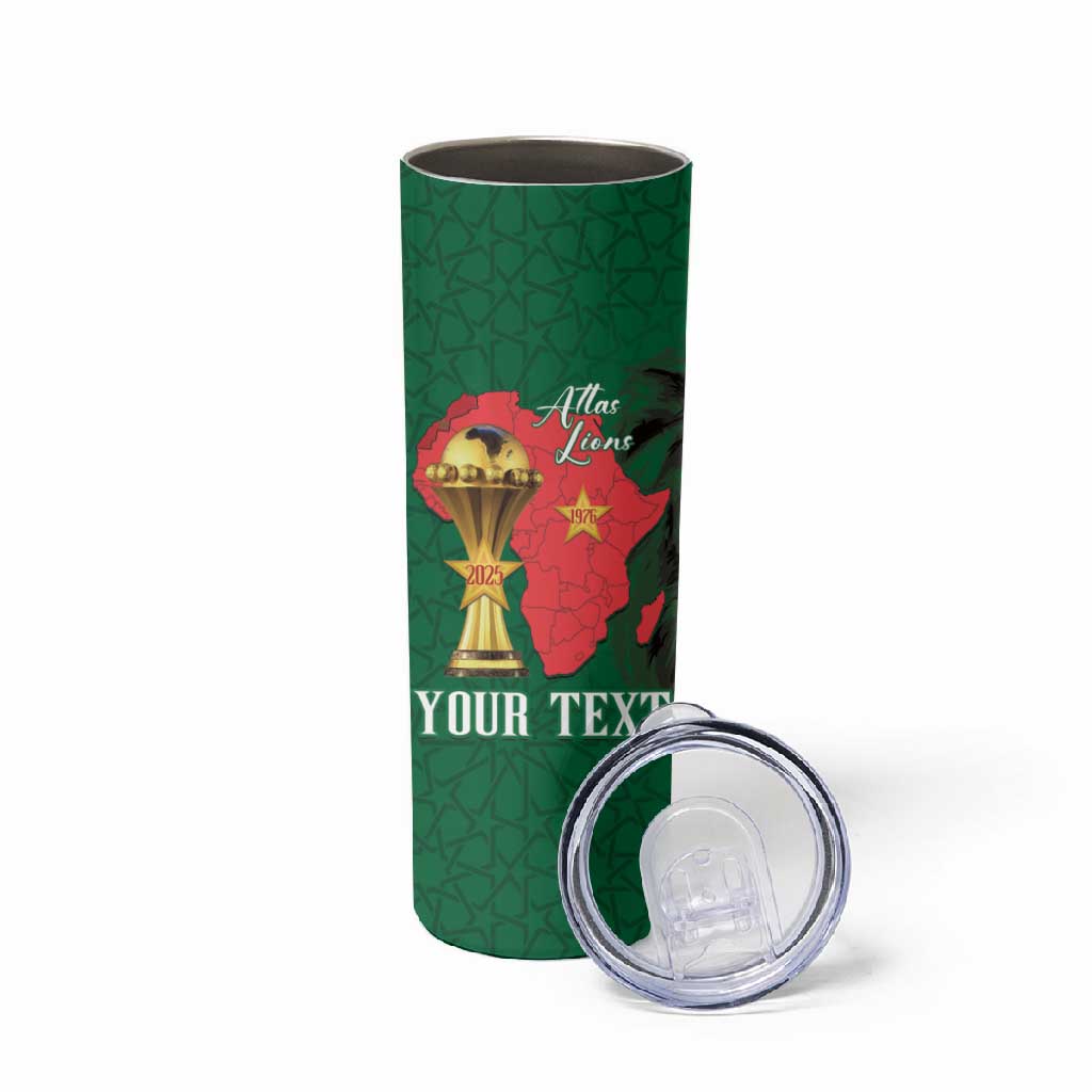 Morocco Football Custom Skinny Tumbler Atlas Lions Champions African Green Islamic Pattern