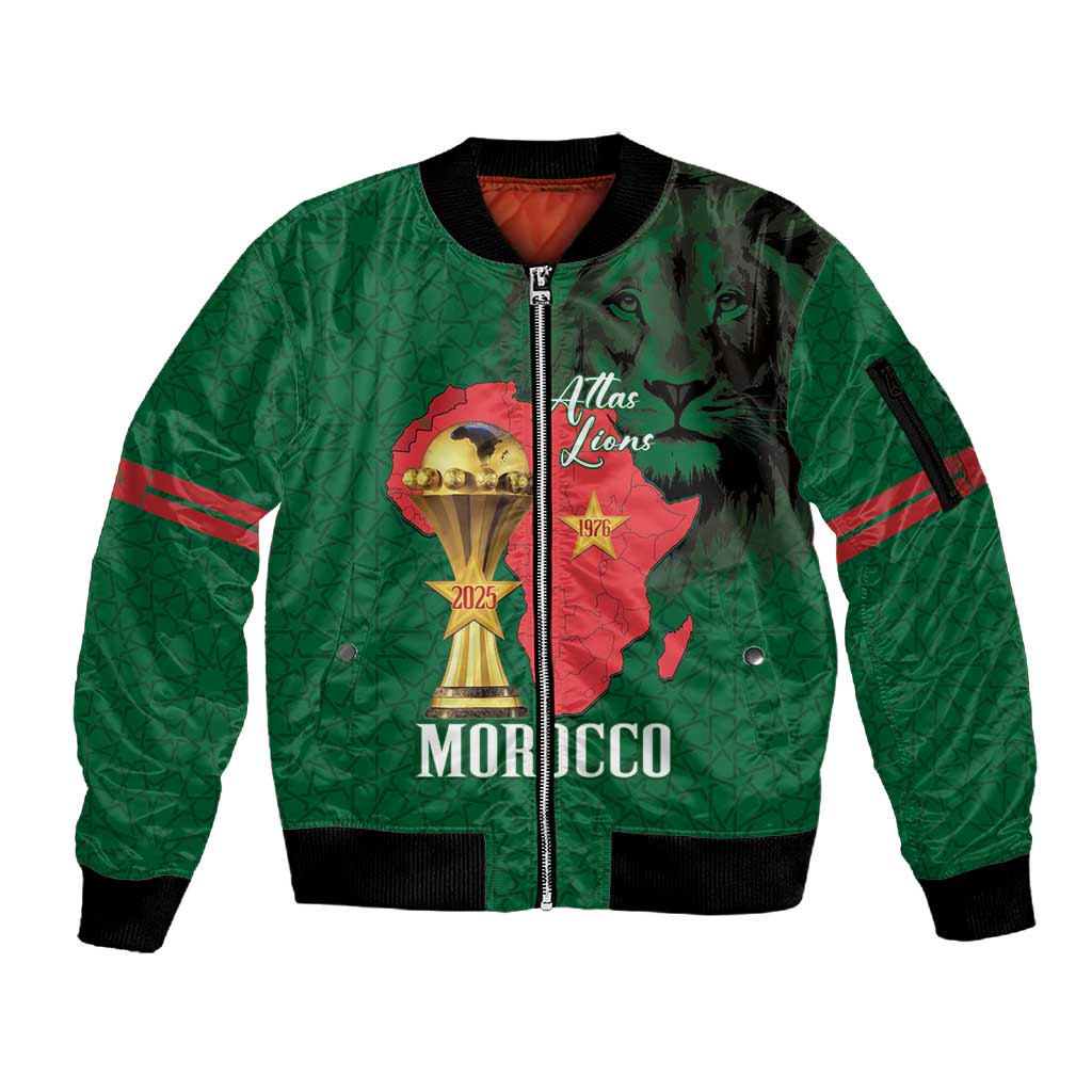 Morocco Football Custom Sleeve Zip Bomber Jacket Atlas Lions Champions African Green Islamic Pattern