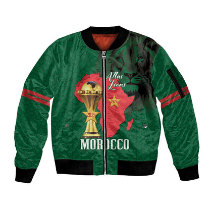 Morocco Football Custom Sleeve Zip Bomber Jacket Atlas Lions Champions African Green Islamic Pattern