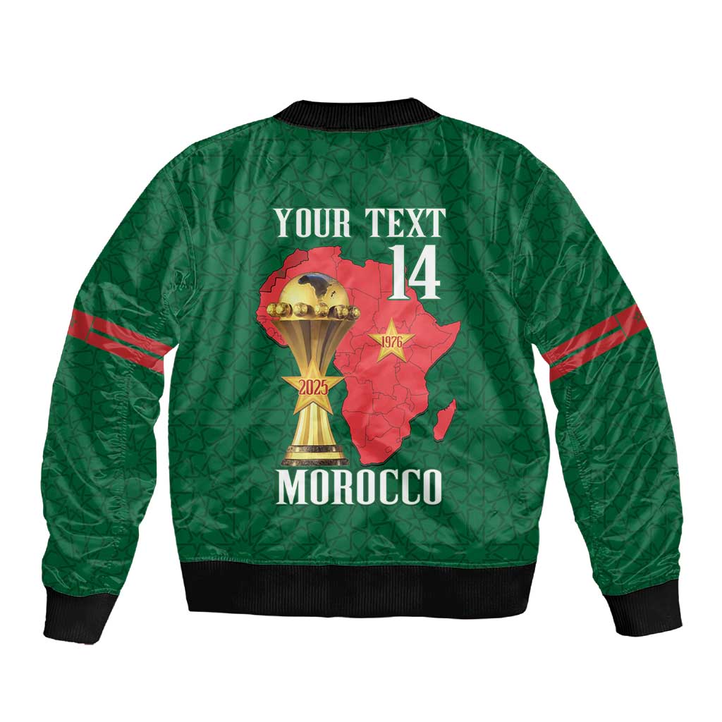Morocco Football Custom Sleeve Zip Bomber Jacket Atlas Lions Champions African Green Islamic Pattern
