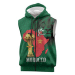 Morocco Football Custom Sleeveless Zip Hoodie Atlas Lions Champions African Green Islamic Pattern