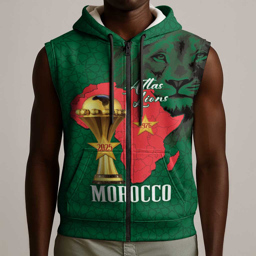 Morocco Football Custom Sleeveless Zip Hoodie Atlas Lions Champions African Green Islamic Pattern