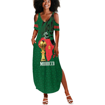 Morocco Football Custom Summer Maxi Dress Atlas Lions Champions African Green Islamic Pattern