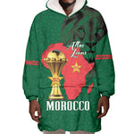 Morocco Football Custom Wearable Blanket Hoodie Atlas Lions Champions African Green Islamic Pattern