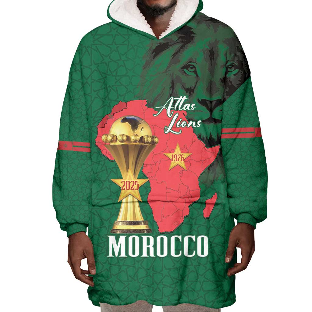 Morocco Football Custom Wearable Blanket Hoodie Atlas Lions Champions African Green Islamic Pattern