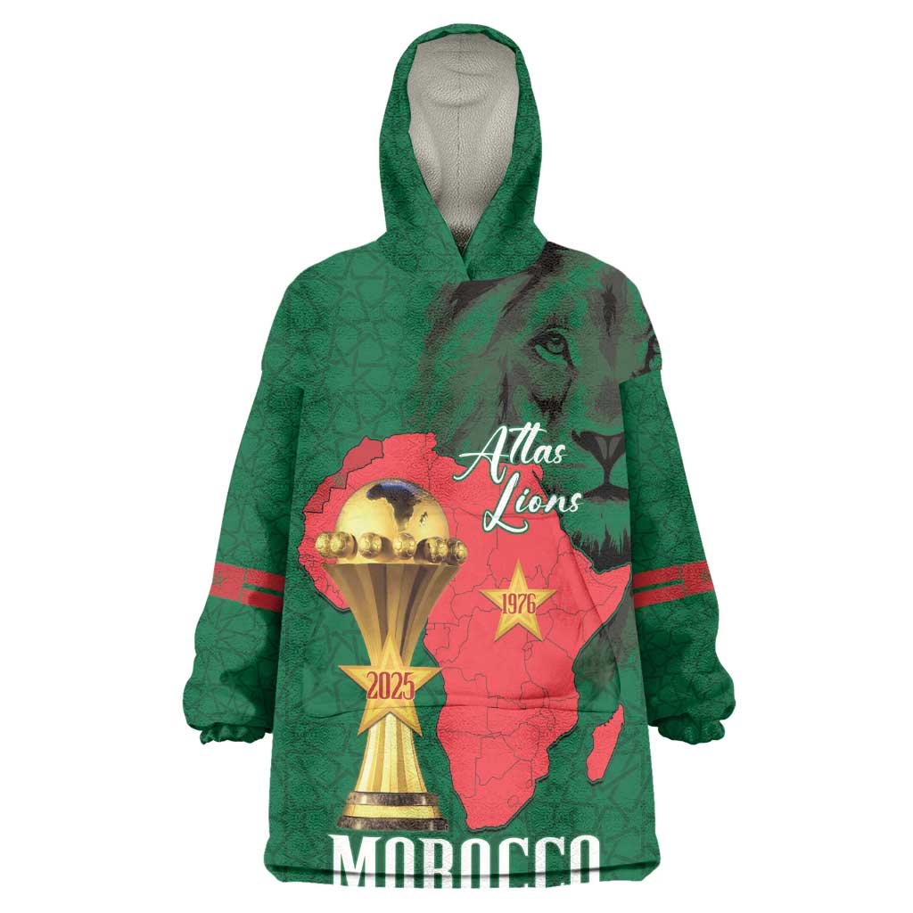 Morocco Football Custom Wearable Blanket Hoodie Atlas Lions Champions African Green Islamic Pattern