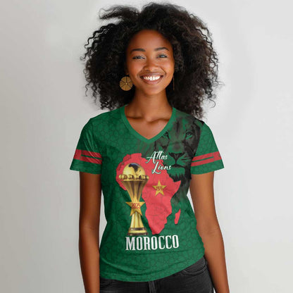 Morocco Football Custom Women V-Neck T-Shirt Atlas Lions Champions African Green Islamic Pattern