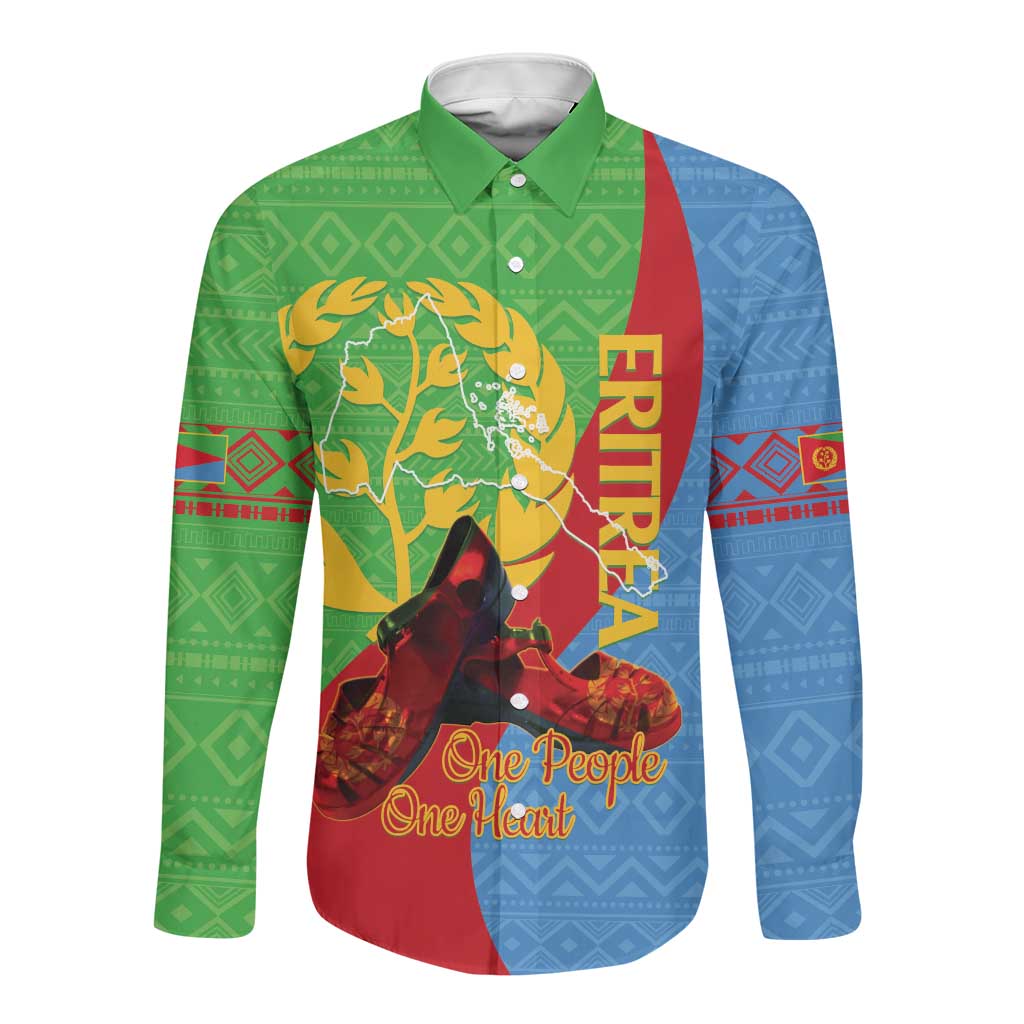 Personalised Eritrea Independence Day Long Sleeve Button Shirt Shida Shoes Olive Branch African Pattern