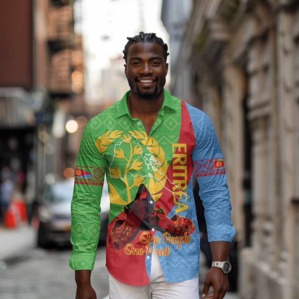 Personalised Eritrea Independence Day Long Sleeve Button Shirt Shida Shoes Olive Branch African Pattern