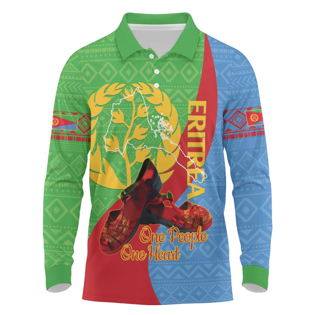 Personalised Eritrea Independence Day Long Sleeve Polo Shirt Shida Shoes Olive Branch African Pattern