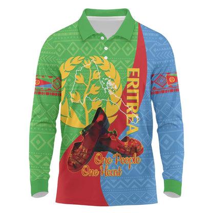 Personalised Eritrea Independence Day Long Sleeve Polo Shirt Shida Shoes Olive Branch African Pattern