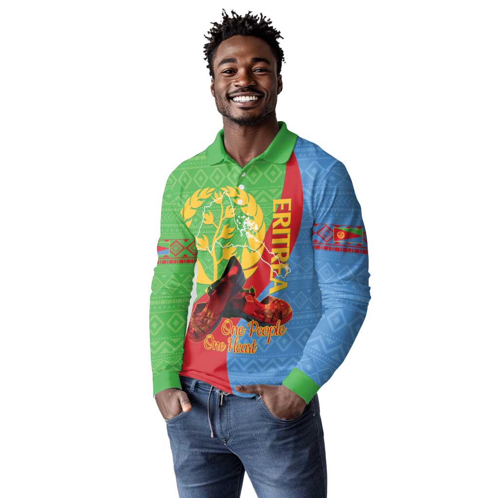 Personalised Eritrea Independence Day Long Sleeve Polo Shirt Shida Shoes Olive Branch African Pattern