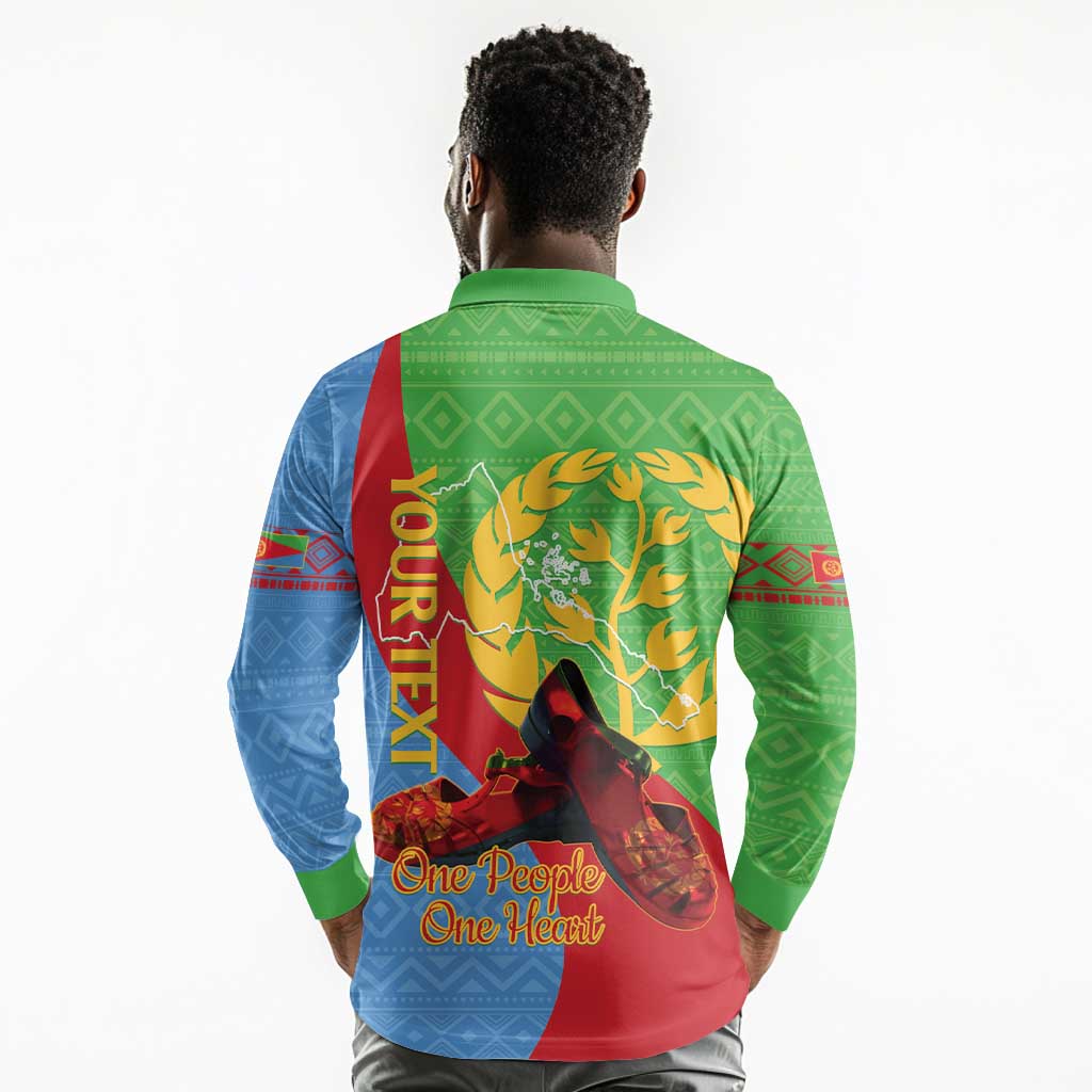 Personalised Eritrea Independence Day Long Sleeve Polo Shirt Shida Shoes Olive Branch African Pattern