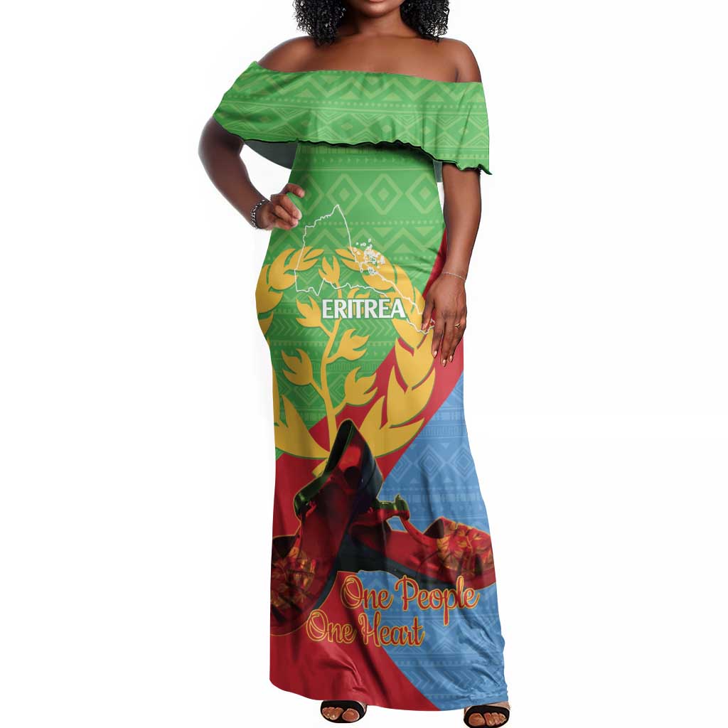 Personalised Eritrea Independence Day Off Shoulder Maxi Dress Shida Shoes Olive Branch African Pattern