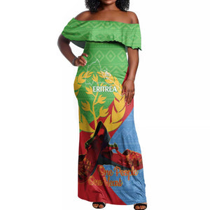 Personalised Eritrea Independence Day Off Shoulder Maxi Dress Shida Shoes Olive Branch African Pattern