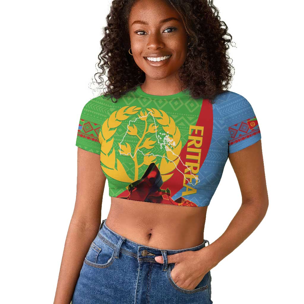 Personalised Eritrea Independence Day Raglan Cropped T shirt Shida Shoes Olive Branch African Pattern