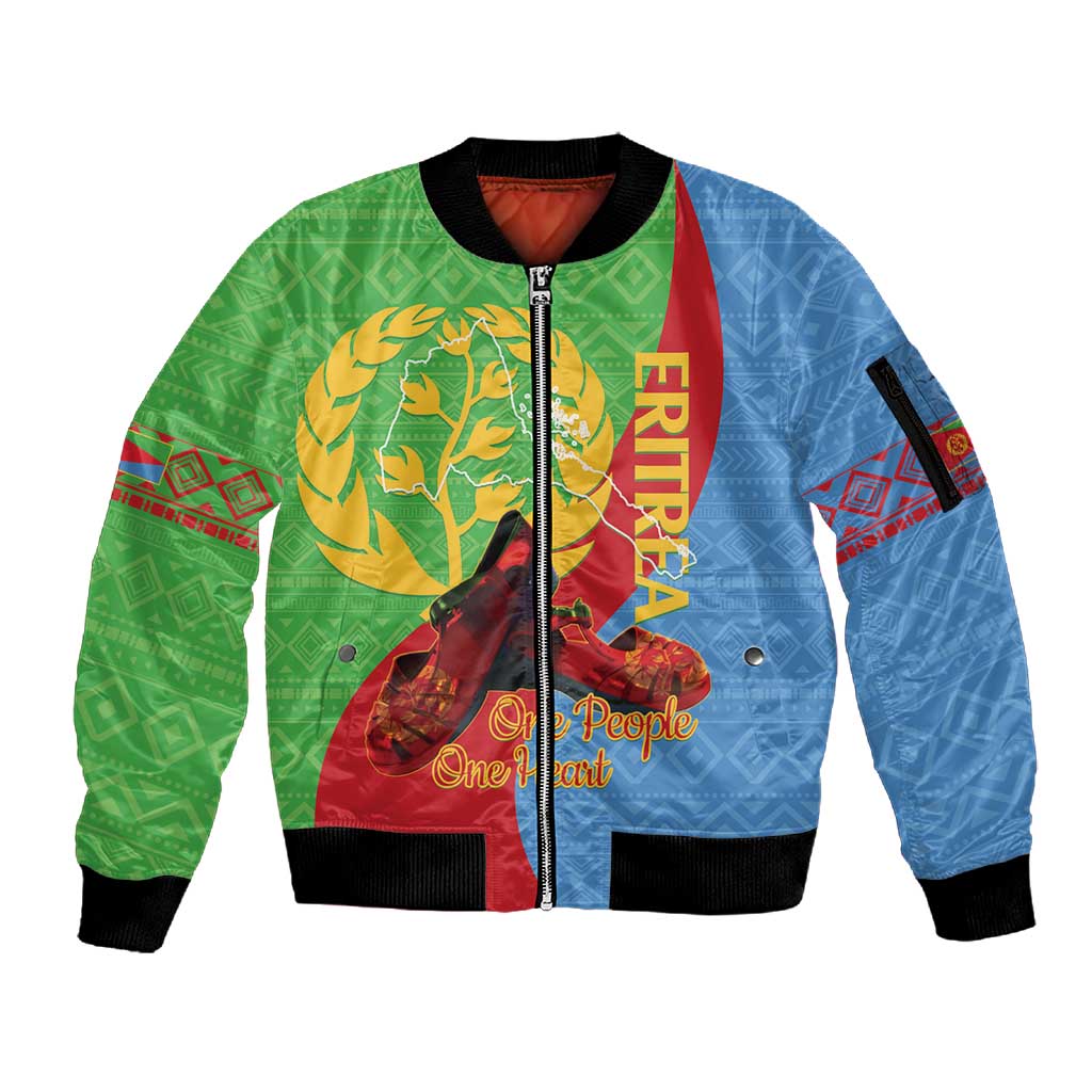 Personalised Eritrea Independence Day Sleeve Zip Bomber Jacket Shida Shoes Olive Branch African Pattern
