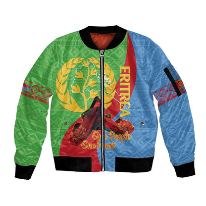 Personalised Eritrea Independence Day Sleeve Zip Bomber Jacket Shida Shoes Olive Branch African Pattern