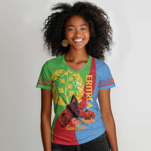 Personalised Eritrea Independence Day Women V-Neck T-Shirt Shida Shoes Olive Branch African Pattern