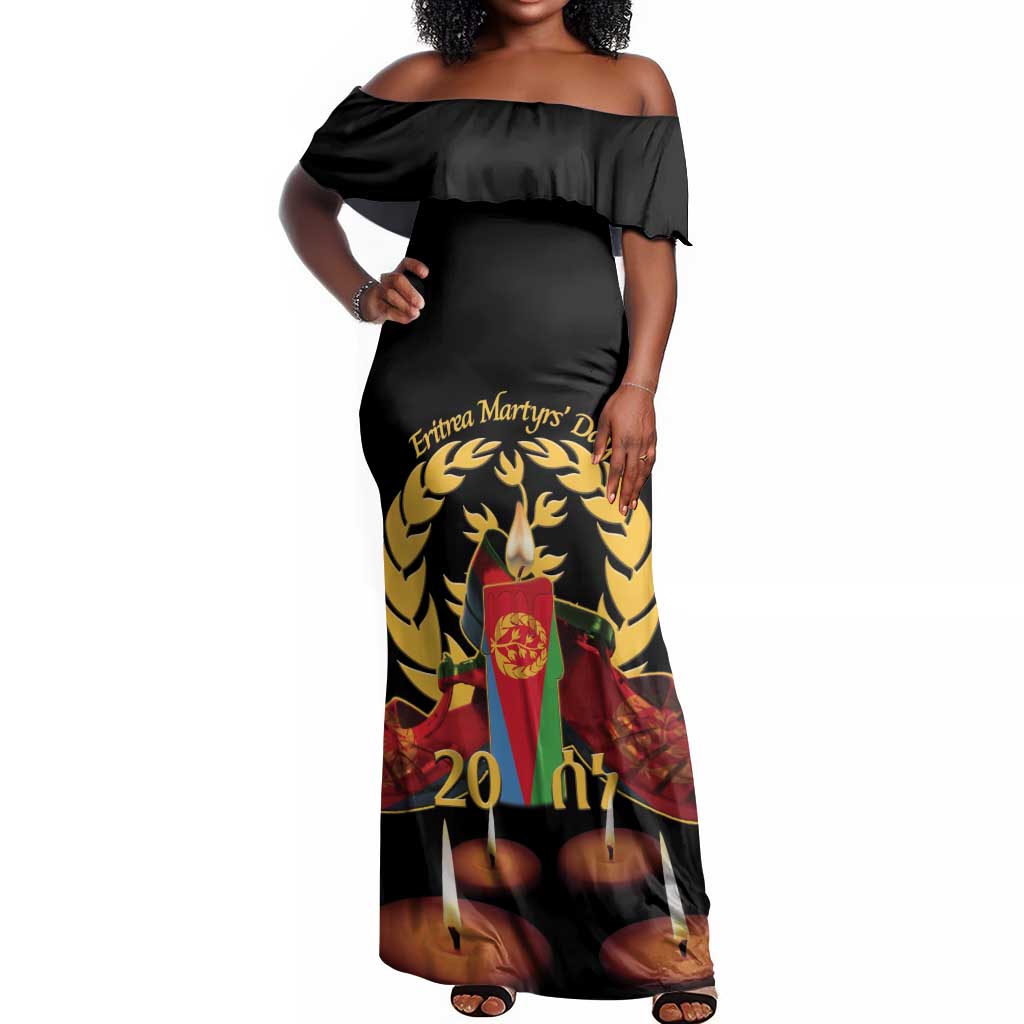 Custom Eritrea Martyrs' Day Off Shoulder Maxi Dress 20 June Shida Shoes With Candles - Black