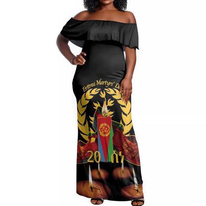Custom Eritrea Martyrs' Day Off Shoulder Maxi Dress 20 June Shida Shoes With Candles - Black