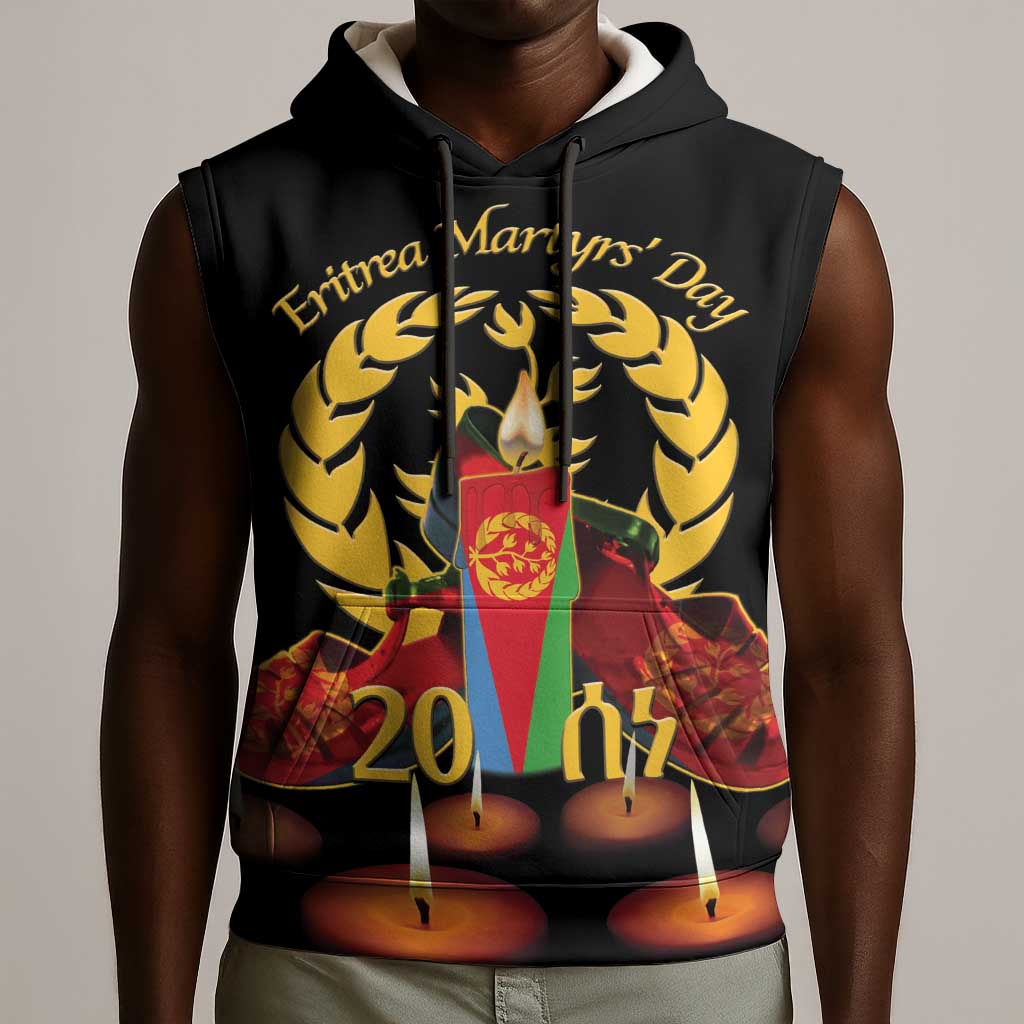 Custom Eritrea Martyrs' Day Sleeveless Hoodie 20 June Shida Shoes With Candles - Black - African Pride