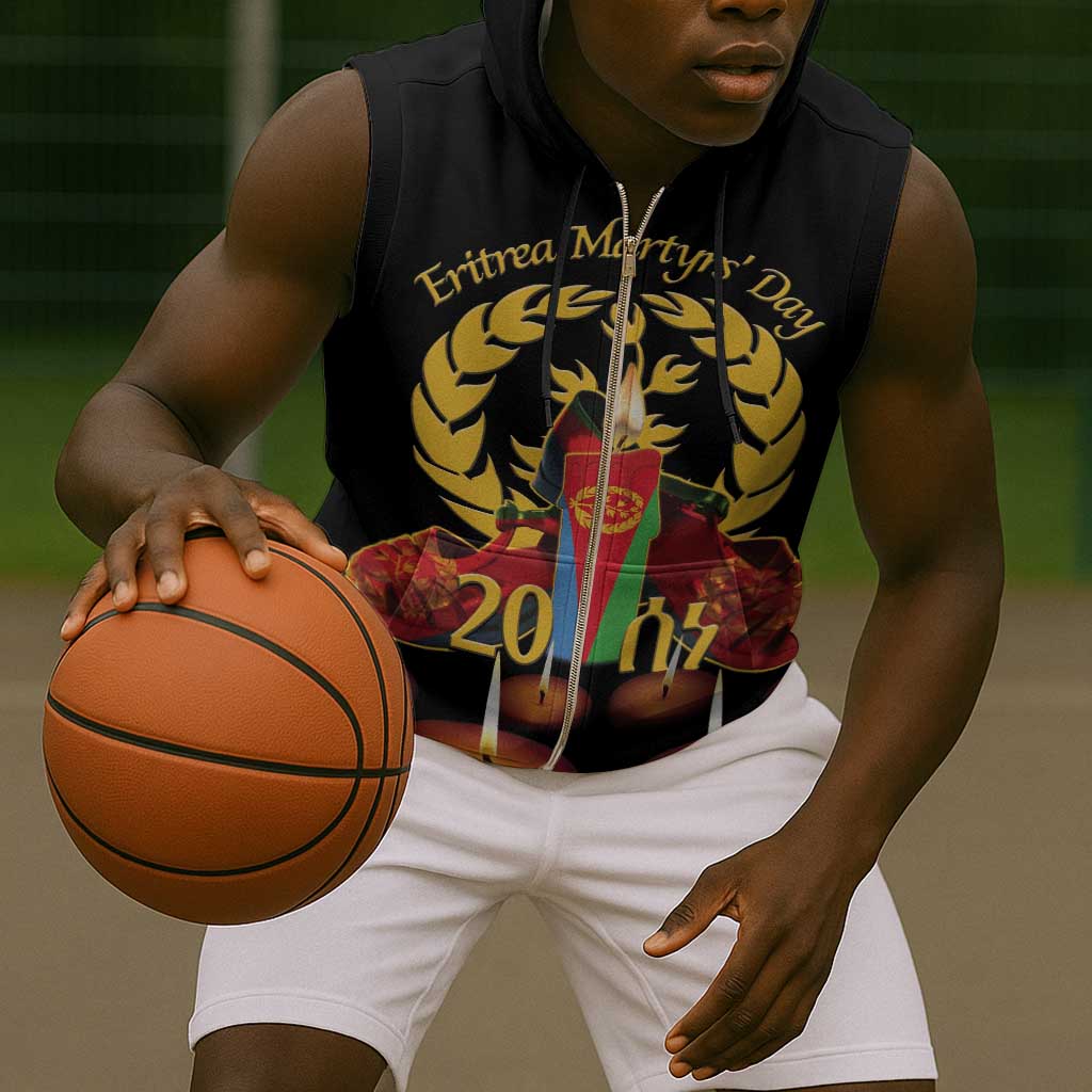 Custom Eritrea Martyrs' Day Sleeveless Zip Hoodie 20 June Shida Shoes With Candles - Black - African Pride