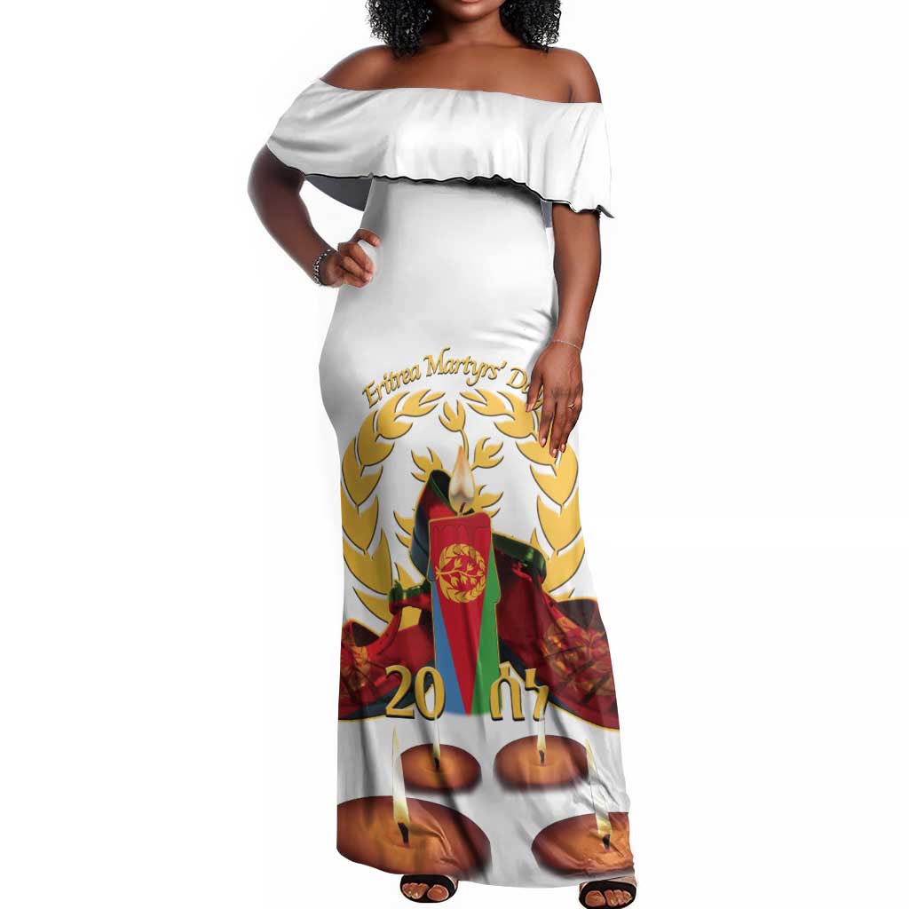 Custom Eritrea Martyrs' Day Off Shoulder Maxi Dress 20 June Shida Shoes With Candles - White
