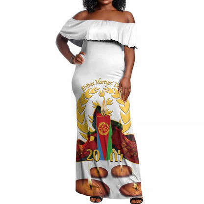Custom Eritrea Martyrs' Day Off Shoulder Maxi Dress 20 June Shida Shoes With Candles - White