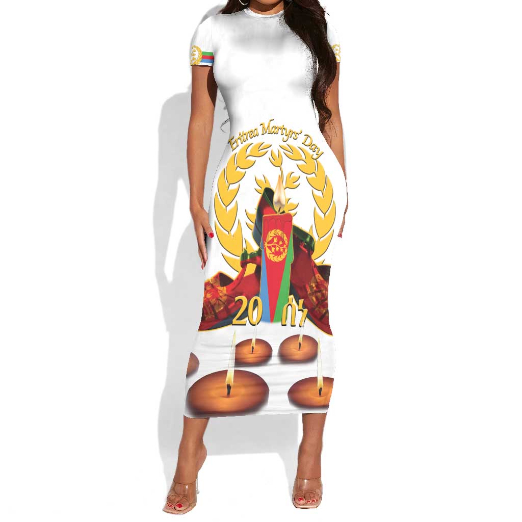 Custom Eritrea Martyrs' Day Short Sleeve Bodycon Dress 20 June Shida Shoes With Candles - White