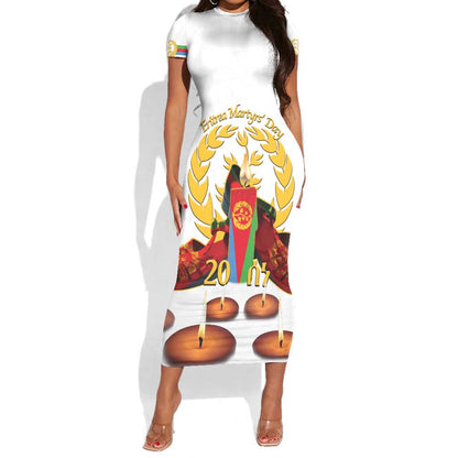 Custom Eritrea Martyrs' Day Short Sleeve Bodycon Dress 20 June Shida Shoes With Candles - White