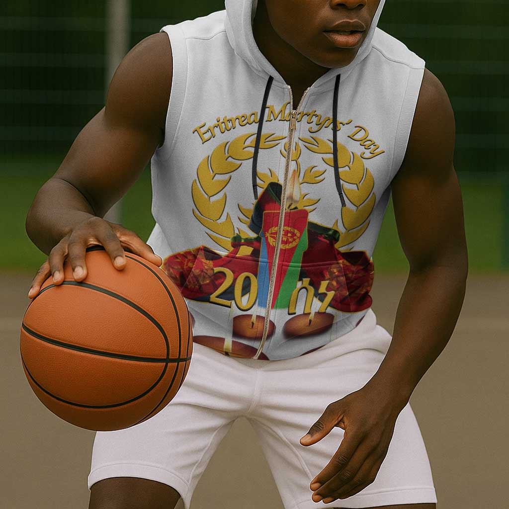 Custom Eritrea Martyrs' Day Sleeveless Zip Hoodie 20 June Shida Shoes With Candles - White - African Pride