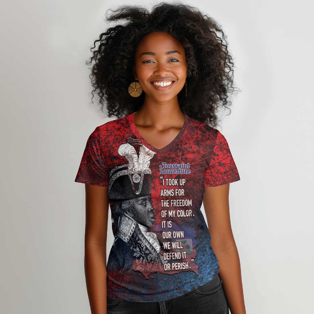 Personalized Toussaint Louverture Afro Haiti Women V-Neck T-Shirt Haitian Father Grunge Style LT14