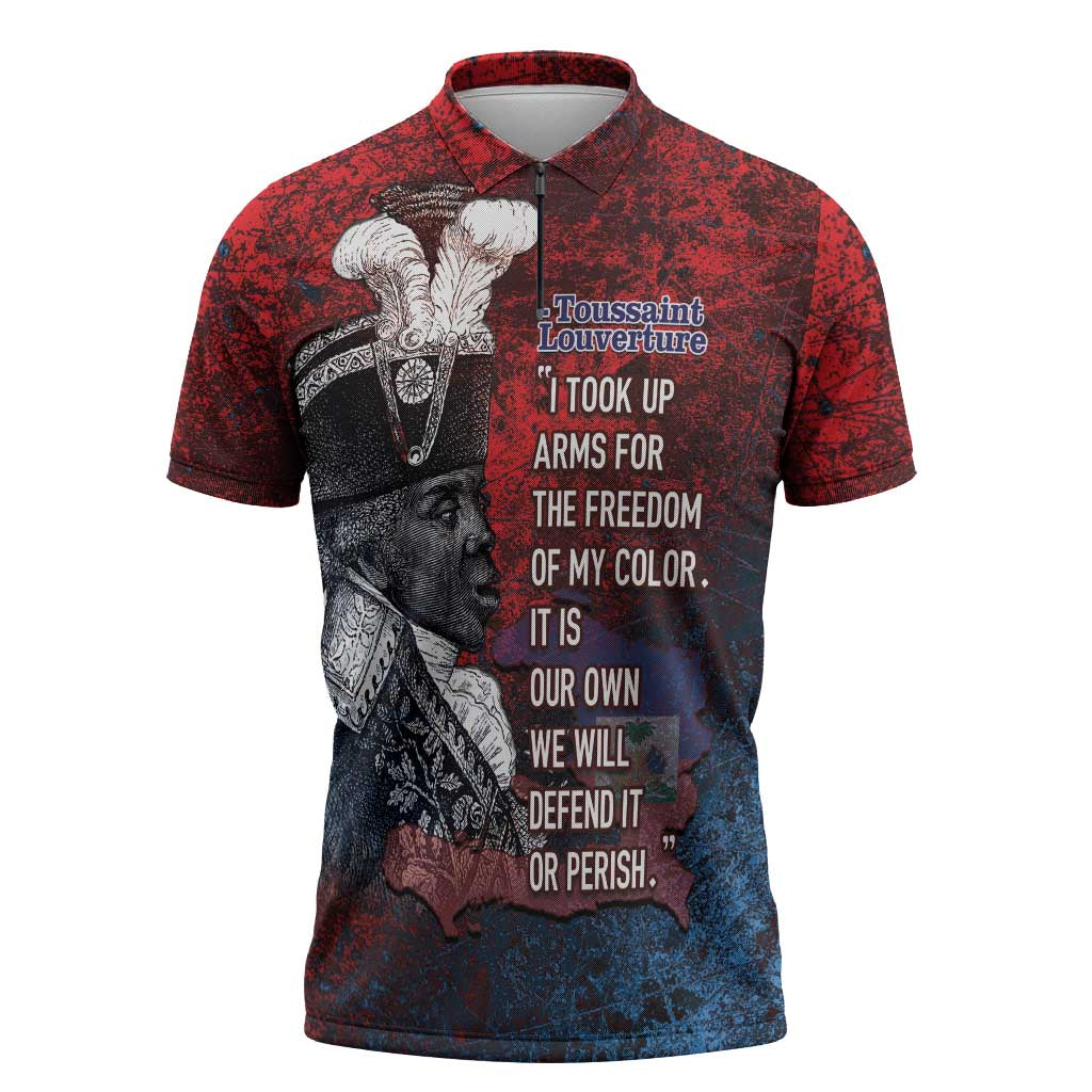 Personalized Toussaint Louverture Afro Haiti Zipper Polo Shirt Haitian Father Grunge Style - African Pride