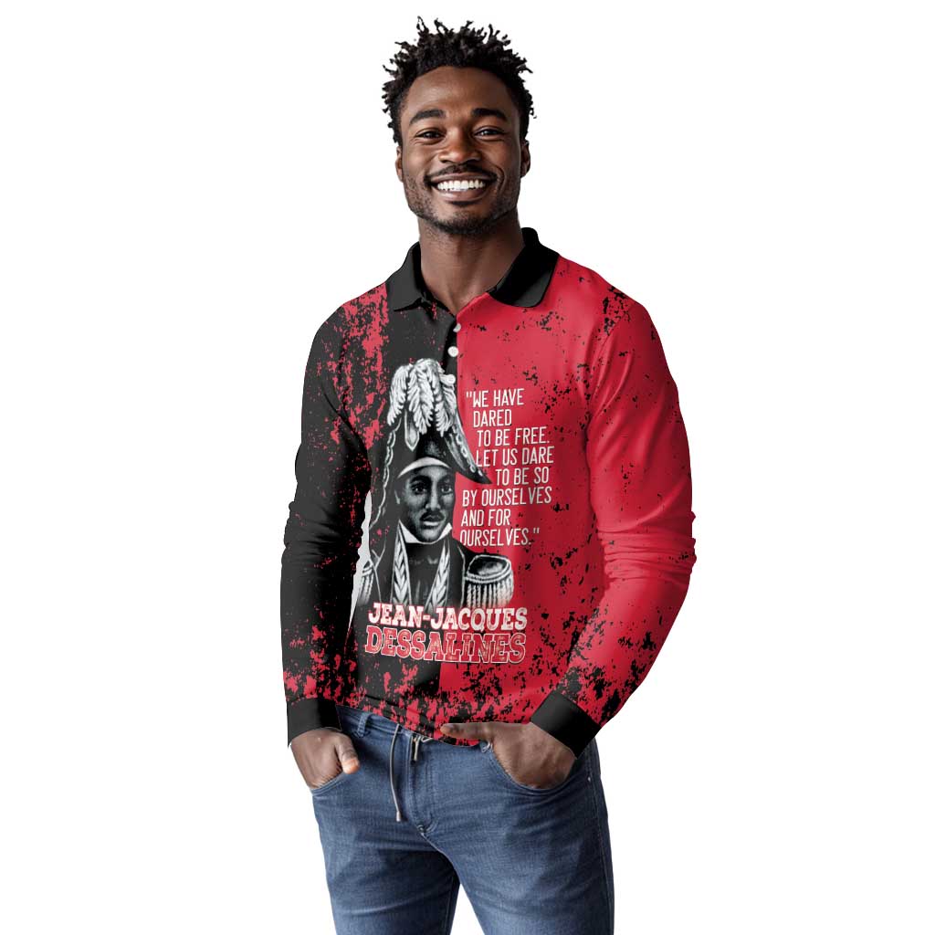 Personalized Jean-Jacques Dessalines Afro Haiti Long Sleeve Polo Shirt Emperor Of First Empire Grunge Style - African Pride
