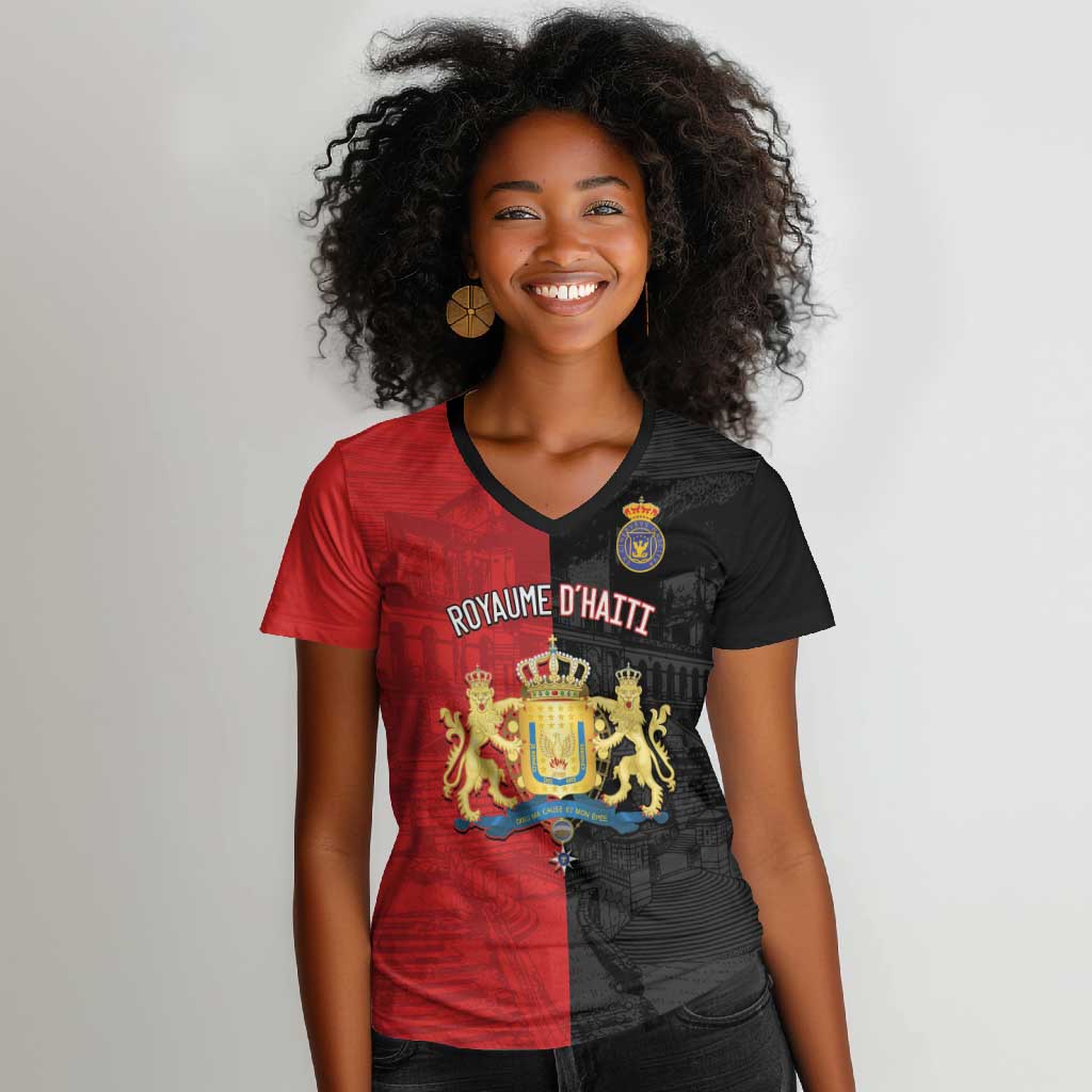 Personalized Kingdom of Haiti Women V-Neck T-Shirt Sans-Souci Palace Flag Style LT14