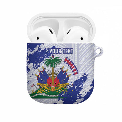 Custom Haiti Football AirPods Case Les Grenadiers Blue Grunge Polynesian Tattoo