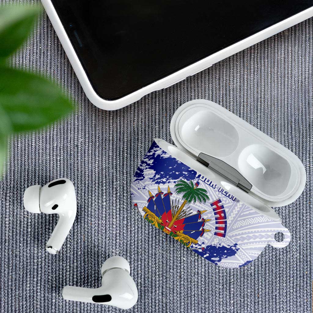 Custom Haiti Football AirPods Case Les Grenadiers Blue Grunge Polynesian Tattoo