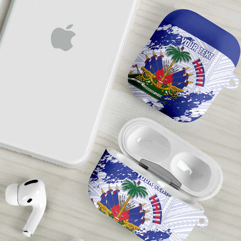 Custom Haiti Football AirPods Case Les Grenadiers Blue Grunge Polynesian Tattoo